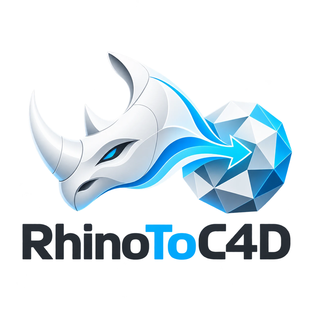 RhinoToC4D — a silver rhino merging into a cyan polygonal sphere